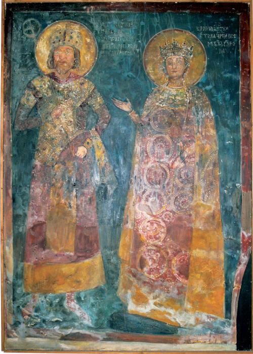 Tsar Konstantin Tih Asen (left) and his wife Irina, as depicted in a mural at the Boyana church. In 1277 the swineherd Ivaylo killed Konstantine and married his widow