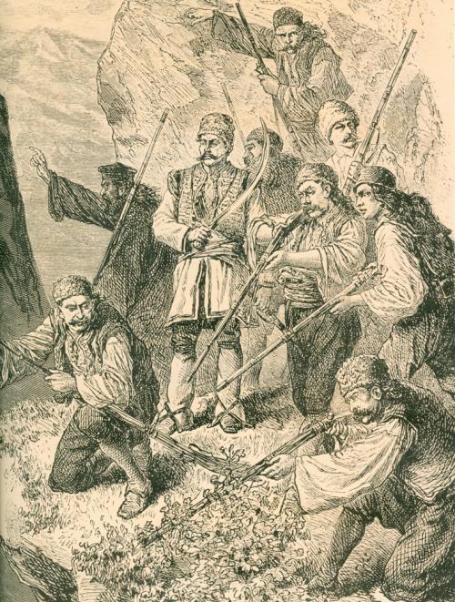 Idealised hayduks fight Turks in a 19th Century engraving