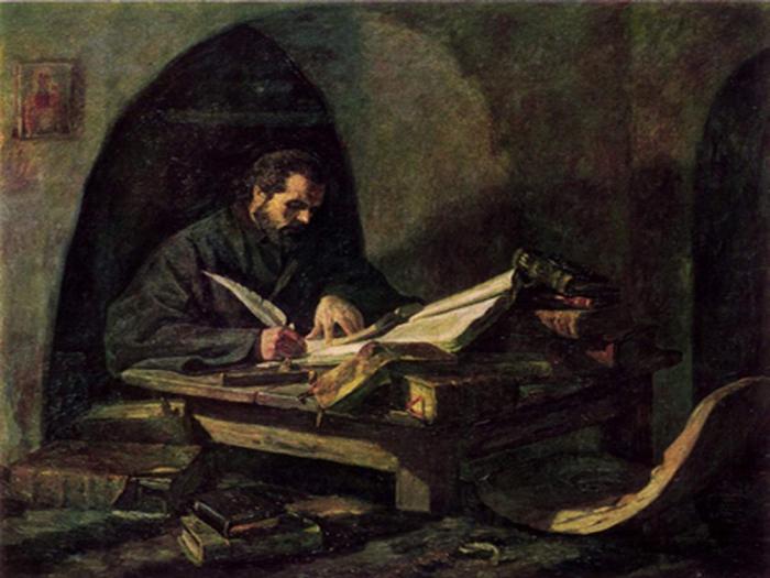A modern painting of the 18th century monk depicts him busy writing his famed book