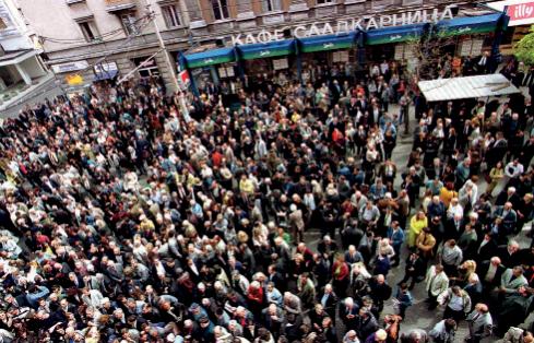 An angry crowd rallies in Central Sofia in March 2001 following the Constitutional Court's decision not to allow Simeon II to stand for president